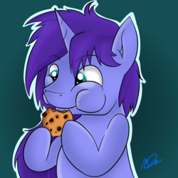 Size: 1936x1936 | Tagged: safe, artist:wulfanite, oc, oc only, oc:seafood dinner, pony, unicorn, cookie, cute, eating, food, hoof hold, horn, male, puffy cheeks, request, solo, stallion, unicorn oc