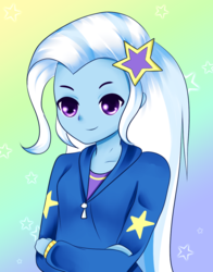 Size: 827x1055 | Tagged: safe, artist:electricshine, trixie, equestria girls, g4, bust, clothes, colored pupils, crossed arms, female, gradient background, hoodie, portrait, smiling, smirk, solo