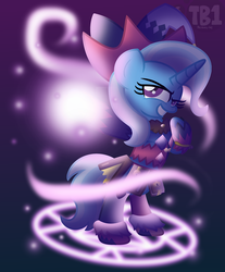Size: 2663x3210 | Tagged: safe, artist:bubbly-storm, trixie, pony, unicorn, g4, bipedal, book, clothes, colored pupils, female, gradient background, grin, high res, magic, magic circle, magilou mayvin, mare, raised hoof, reference, skirt, smiling, solo, tales of berseria
