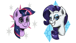 Size: 1440x810 | Tagged: safe, artist:pixelfails, rarity, twilight sparkle, pony, unicorn, g4, bust, cutie mark background, duo, looking at you, portrait, simple background, smiling, white background