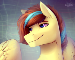 Size: 1000x800 | Tagged: safe, artist:fenwaru, oc, oc only, oc:cloud circuit, pegasus, pony, abstract background, bust, male, portrait, smiling, solo, spread wings, stallion, wings