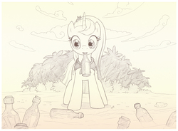 Size: 1030x759 | Tagged: safe, artist:sherwoodwhisper, oc, oc only, oc:eri, mouse, pony, unicorn, bottle, cute, female, island, mare, message, message in a bottle (song), monochrome, mouth hold, palm tree, song reference, the police, tree