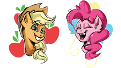 Size: 1440x810 | Tagged: safe, artist:pixelfails, applejack, pinkie pie, earth pony, pony, g4, bust, cutie mark background, duo, eyes closed, laughing, looking at you, open mouth, portrait, simple background, smiling, white background