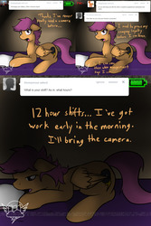 Size: 1500x2250 | Tagged: safe, artist:conmanwolf, scootaloo, pegasus, pony, ask factory scootaloo, fanfic:rainbow factory, g4, battery, bed, comic, factory scootaloo, pillow, recording