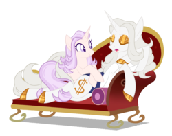 Size: 1988x1576 | Tagged: safe, artist:azure-art-wave, oc, oc only, oc:belle glitterati, oc:reverie (azure-art-wave), pony, fainting couch, female, mare, next generation, offspring, parent:fancypants, parent:fleur-de-lis, parent:prince blueblood, parent:upper crust, parents:bluecrust, parents:fancyfleur, simple background, transparent background