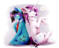 Size: 3103x2500 | Tagged: safe, artist:magicalbrownie, oc, oc only, oc:despy, oc:magical brownie, earth pony, pony, unicorn, high res, male, necktie, rule 63, sitting, stallion, tongue out