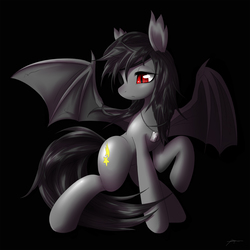 Size: 2000x2000 | Tagged: safe, artist:mirapony, oc, oc only, oc:falling star, bat pony, pony, bat pony oc, black background, dog tags, ear fluff, eyepatch, female, frown, jewelry, mare, necklace, raised hoof, simple background, solo, spread wings, wings