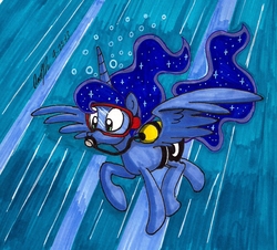 Size: 1282x1159 | Tagged: safe, artist:newyorkx3, princess luna, alicorn, pony, g4, crepuscular rays, dive mask, female, goggles, mare, scuba gear, solo, spread wings, swimming, traditional art, underwater, wings