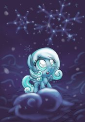 Size: 1400x2000 | Tagged: safe, artist:cazra, oc, oc only, oc:snowdrop, pegasus, pony, blind, cloud, cloudy, constellation, female, filly, happy, open mouth, snow, snowbetes, snowfall, solo, stars