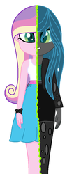 Size: 424x1000 | Tagged: safe, artist:little903, queen chrysalis, changeling, equestria girls, g4, bracelet, camisole, canterlot, character to character, clothes, digital art, disguise, disguised changeling, duality, equestria girls-ified, fake cadance, jacket, jewelry, pantyhose, princess, shorts, simple background, skirt, smiling, split screen, teeth, transformation, white background