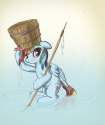 Size: 1480x1763 | Tagged: safe, artist:longren, artist:mcstalins, color edit, edit, rainbow dash, pegasus, pony, g4, blushing, bucket, colored, cute, female, fishing, floppy ears, headbucket, hoof hold, mare, solo, spear, water, weapon