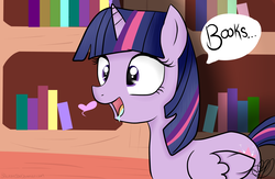 Size: 3000x1957 | Tagged: safe, artist:balloons504, twilight sparkle, alicorn, pony, g4, bibliophile, book, bookhorse, cross-eyed, drool, female, golden oaks library, heart, library, mare, open mouth, smiling, solo, that pony sure does love books, twilight sparkle (alicorn)