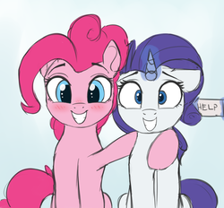 Size: 1500x1392 | Tagged: safe, artist:vanillaghosties, pinkie pie, rarity, earth pony, pony, unicorn, g4, arm on shoulder, blush lines, blushing, duo, duo female, ears back, female, fluffy, gradient background, grin, help, help me, horn, hug, levitation, looking at you, magic, mare, nervous, shrunken pupils, side hug, sign, sitting, smiling, squee, stepford smiler, telekinesis, wide eyes