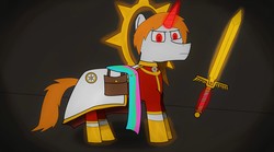 Size: 4500x2500 | Tagged: safe, princess celestia, oc, oc:edward blaze, pony, g4, clothes, halo, magic, robe, sword, weapon