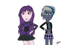 Size: 1024x626 | Tagged: safe, artist:radiancedashzelda, oc, oc:elizabat stormfeather, equestria girls, g4, belly button, choker, clothes, crossover, dress, duo, duo female, elissabat, equestria girls-ified, female, midriff, monster high, plaid, simple background, skirt, spiked choker, white background