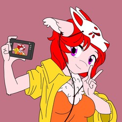 Size: 1049x1049 | Tagged: safe, artist:linedraweer, oc, oc only, deer, anthro, anthro oc, camera, commission, earbuds, female, mask, peace sign, self shot, selfie, solo