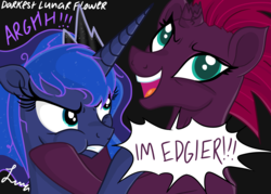 Size: 4823x3445 | Tagged: safe, artist:darkest-lunar-flower, princess luna, tempest shadow, alicorn, pony, unicorn, g4, my little pony: the movie, angry, black background, broken horn, dialogue, duo, edgy, female, horn, luna vs tempest, mare, simple background, squishy cheeks