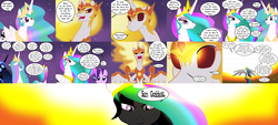 Size: 8000x3600 | Tagged: safe, artist:gatesmccloud, daybreaker, nightmare moon, princess celestia, starlight glimmer, pony, a royal problem, g4, absurd resolution, badass, comic, duality, epic, here comes the sun, swapped cutie marks