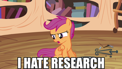 Size: 1280x720 | Tagged: safe, screencap, scootaloo, g4, twilight time, library, quote, text