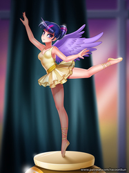 Size: 800x1067 | Tagged: safe, artist:racoonsan, twilight sparkle, human, a royal problem, g4, alternate hairstyle, armpits, ballerina, ballet slippers, clothes, cute, female, full body, hair bun, horn, horned humanization, humanized, leotard, looking at you, music box, pose, raised leg, see-through, smiling, solo, tutu, twiabetes, twilarina, winged humanization, wings