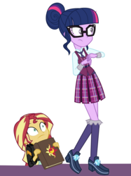 Size: 934x1250 | Tagged: safe, artist:uponia, sci-twi, sunset shimmer, twilight sparkle, equestria girls, equestria girls specials, g4, my little pony equestria girls: friendship games, clothes, crystal prep academy uniform, diary, hair bun, looking at something, necktie, school tie, school uniform, simple background, transparent background, vector, vest