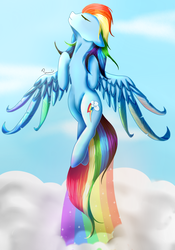 Size: 1024x1463 | Tagged: safe, artist:prandoraa, rainbow dash, pony, g4, cloud, eyes closed, female, flying, rainbow trail, solo