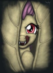 Size: 1091x1500 | Tagged: safe, artist:comsing8, fluttershy, bat pony, pony, g4, creepy smile, fangs, female, flutterbat, licking, licking lips, looking at you, mare, race swap, solo, tongue out, wings