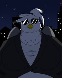 Size: 2000x2500 | Tagged: safe, artist:facade, oc, oc only, oc:maria, oc:maria bernard, griffon, anthro, belly, big breasts, bodyguard, breasts, city, clothes, fat, high res, huge breasts, impossibly large belly, impossibly large breasts, night, stars, suit