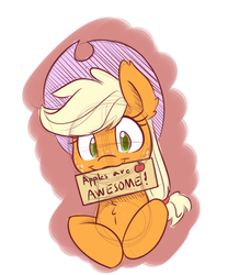 Size: 1000x1200 | Tagged: safe, artist:heir-of-rick, applejack, earth pony, pony, g4, apple, colored sketch, cute, female, jackabetes, looking at you, mouth hold, sign, silly, silly pony, solo, that pony sure does love apples, who's a silly pony