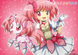 Size: 1268x897 | Tagged: safe, artist:the-butch-x, human, pony, unicorn, bow, choker, clothes, colored pupils, crossover, cute, dress, female, filly, gloves, hair bow, happy, human ponidox, looking at you, madoka kaname, magical girl, ponified, puella magi madoka magica, self ponidox, socks