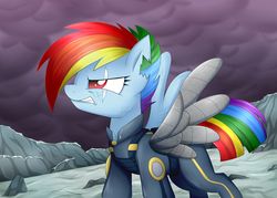 Size: 4200x3000 | Tagged: safe, artist:scarlet-spectrum, rainbow dash, pegasus, pony, g4, the cutie re-mark, alternate timeline, amputee, apocalypse dash, augmented, clothes, crystal war timeline, female, glare, gritted teeth, growling, mare, military uniform, prosthetic limb, prosthetic wing, prosthetics, scar, scowl, solo, torn ear, uniform, war