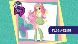 Size: 2560x1440 | Tagged: safe, fluttershy, equestria girls, g4, official, clothes, female, mlp club, my little pony logo, ponied up, skirt, solo, tank top, wallpaper