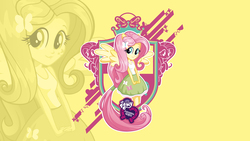 Size: 2560x1440 | Tagged: safe, fluttershy, equestria girls, g4, official, equestria girls logo, equestria girls plus, female, heraldry, mlp club, ponied up, solo, wallpaper