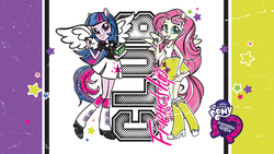 Size: 2560x1440 | Tagged: safe, fluttershy, twilight sparkle, equestria girls, g4, official, clothes, leg warmers, mlp club, my little pony logo, ponied up, skirt, tank top, twilight sparkle (alicorn), wallpaper