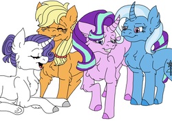Size: 3562x2568 | Tagged: safe, artist:kaijudragon, applejack, rarity, starlight glimmer, trixie, earth pony, pony, unicorn, chest fluff, double date, ear fluff, eyes closed, female, fluffy, happy, leg fluff, lesbian, mare, raised hoof, rarijack, shipping, simple background, smiling, startrix, white background