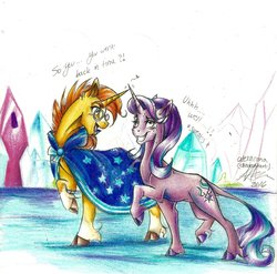 Size: 1024x1011 | Tagged: safe, artist:alexacana, starlight glimmer, sunburst, classical unicorn, pony, unicorn, g4, the crystalling, blushing, cloven hooves, crystal empire, dialogue, duo, female, grin, heart, horn, horns are touching, leonine tail, male, nervous, nervous smile, raised hoof, ship:starburst, shipping, smiling, straight, sweat, text, traditional art, unshorn fetlocks