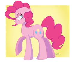 Size: 1200x1000 | Tagged: safe, artist:vale-bandicoot96, pinkie pie, earth pony, pony, g4, female, floppy ears, looking back, profile, raised hoof, solo, standing, unamused