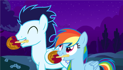 Size: 1253x716 | Tagged: safe, artist:acrylicpaint13, rainbow dash, soarin', pegasus, pony, g4, caramel apple (food), female, male, mare, ship:soarindash, shipping, stallion, straight