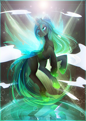 Size: 2757x3840 | Tagged: dead source, safe, artist:koveliana, queen chrysalis, changeling, changeling queen, g4, chromatic aberration, color porn, fangs, female, glowing horn, high res, horn, solo, spread wings, wings