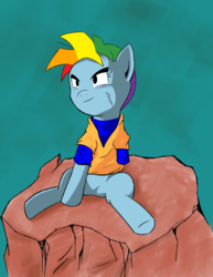 Size: 1042x1349 | Tagged: safe, rainbow dash, pony, g4, 4chan, crossover, dragon ball, dragon ball z, drawthread, female, future gohan, gi, sitting, solo, son gohan, wat