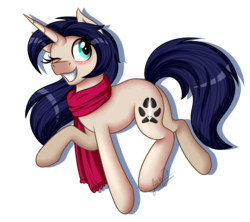 Size: 1800x1600 | Tagged: safe, artist:jack-pie, oc, oc only, oc:mifune, pony, unicorn, clothes, commission, cute, happy, one eye closed, raised hoof, scarf, simple background, solo, transparent background, wink