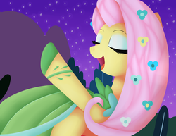Size: 3300x2550 | Tagged: safe, artist:hetaliafangirl88, fluttershy, pegasus, pony, g4, the best night ever, clothes, dress, eyes closed, eyeshadow, female, gala dress, grand galloping gala, high res, makeup, mare, night, raised hoof, singing, solo