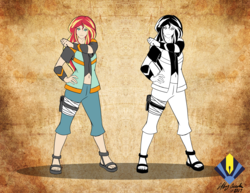 Size: 6600x5100 | Tagged: dead source, safe, artist:penspark, sunset shimmer, human, g4, absurd resolution, anime, casual, clothes, crossover, female, humanized, monochrome, naruto, sandals, shinobi, solo