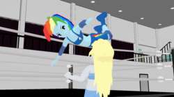 Size: 1360x760 | Tagged: safe, artist:the-horrible-mu, derpy hooves, rainbow dash, equestria girls, g4, 3d, clothes, cutie mark on clothes, midriff, mmd, muscles, sports bra, wrestler, wrestling, wrestling ring