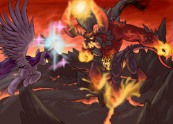 Size: 3500x2500 | Tagged: safe, artist:cyrilunicorn, lord tirek, twilight sparkle, alicorn, pony, g4, twilight's kingdom, alternate universe, antagonist, badass, crossover, epic, female, fight, glowing horn, good vs evil, heroes of might and magic, high res, horn, lava, magic, male, mare, super saiyan princess, twilight sparkle (alicorn), twilight vs tirek, video game