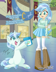 Size: 2550x3300 | Tagged: safe, artist:boastudio, artist:shinta-girl, oc, oc only, oc:frozen rose, pony, unicorn, equestria girls, g4, boots, clothes, colored pupils, cute, duo, equestria girls-ified, female, food, happy, high res, hoof hold, ice cream, mare, open mouth, self ponidox, shoes, skirt, socks, spanish, sweater, trade, translated in the comments, unshorn fetlocks