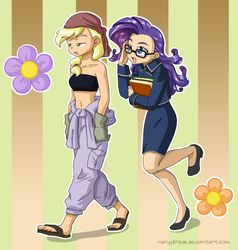 Size: 1181x1240 | Tagged: safe, artist:nancysauria, applejack, rarity, human, g4, abstract background, bandeau, belly button, clothes, cosplay, costume, duo, female, flower, fullmetal alchemist, glasses, high heels, humanized, midriff, reference, sandals, sheska, shoes, skirt, winry rockbell