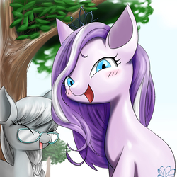 Size: 2000x2000 | Tagged: safe, artist:unousaya, diamond tiara, silver spoon, earth pony, pony, g4, adorabullies, cute, diamondbetes, duo, eyes closed, female, filly, glasses, high res, laughing, looking at you, loose hair, missing accessory, silverbetes, tree