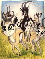 Size: 1080x1392 | Tagged: safe, artist:thefriendlyelephant, oc, oc only, oc:sabe, oc:uganda, antelope, giant sable antelope, springbok, comic:sable story, africa, animal in mlp form, cloven hooves, comic, grass, horns, pronking, savanna, smiling, traditional art