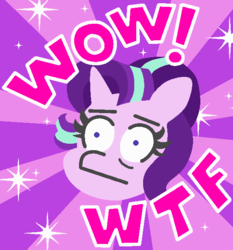 Size: 578x621 | Tagged: safe, artist:threetwotwo32232, starlight glimmer, pony, unicorn, g4, bust, female, head only, mare, meme, shrunken pupils, solo, sunburst background, wow, wow! glimmer, wtf